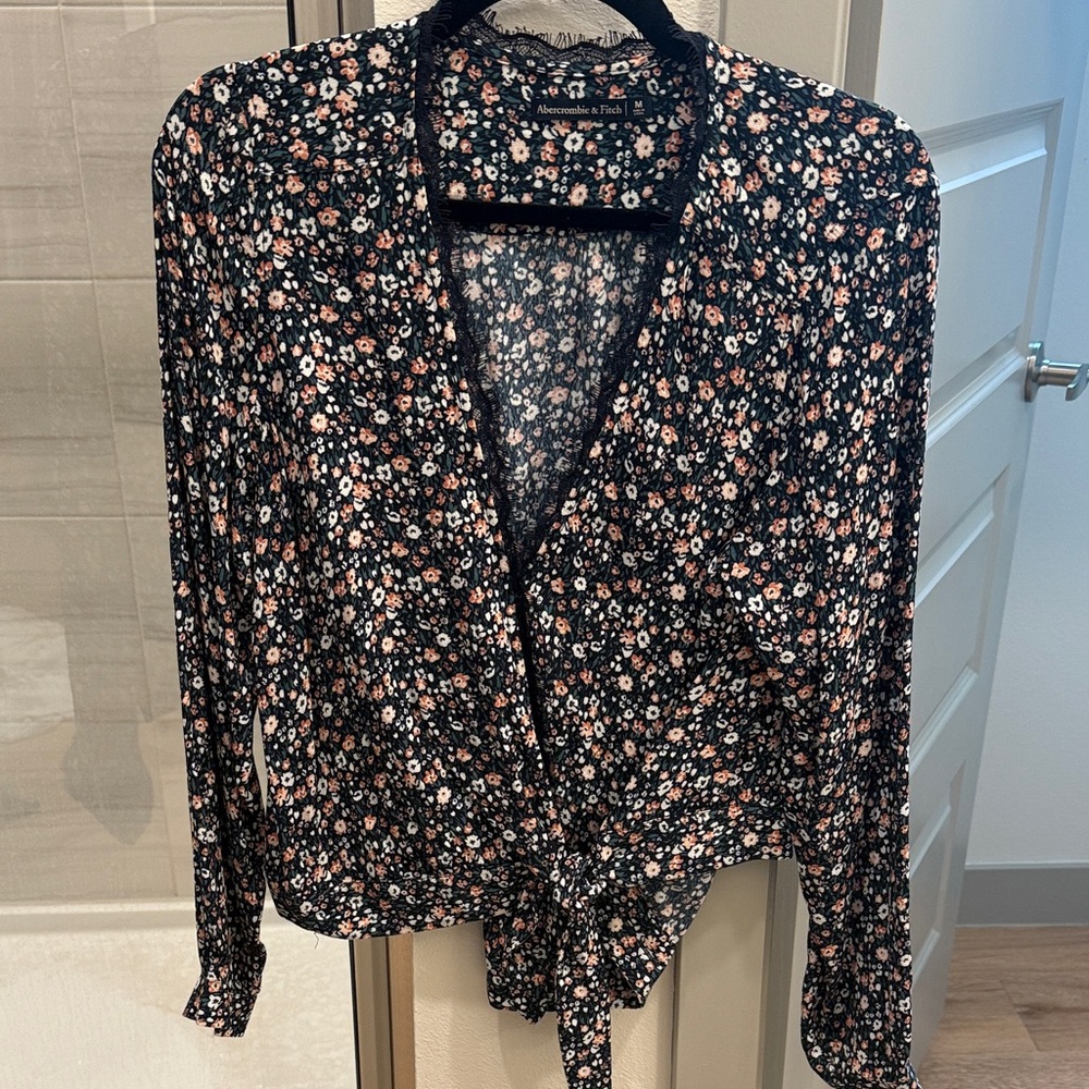 Floral Black Wrap Top with Lace Trim